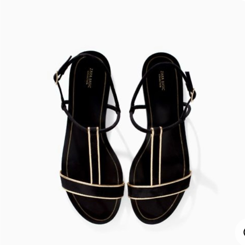 Zara Black Flat Sandals Gold Metallic Trim Size 41/10